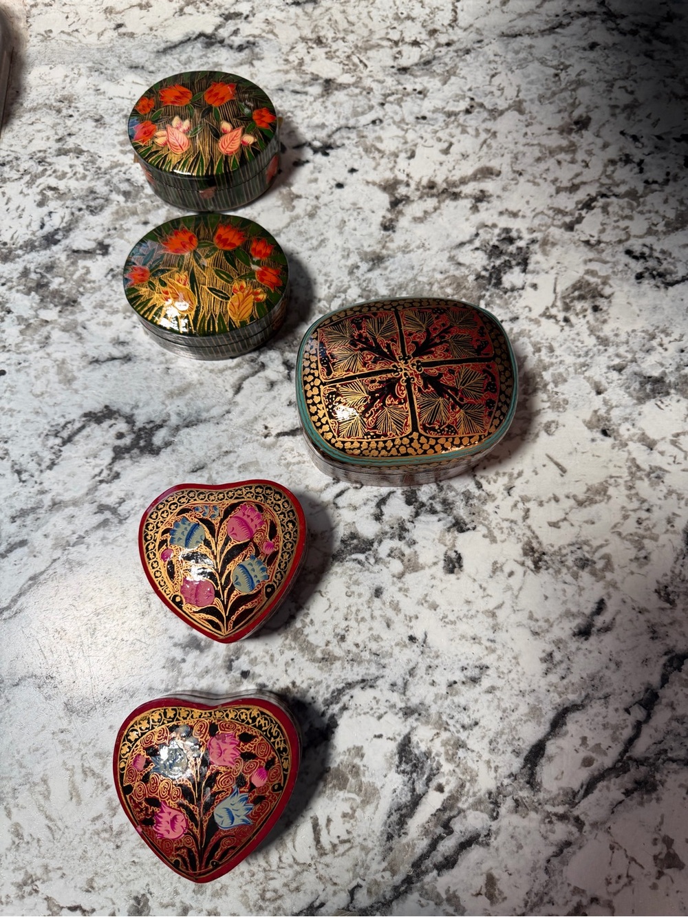 Hand Painted Floral Lacquer Trinket Boxes - Set of 5